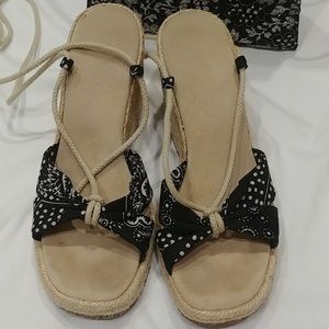 Ralph lauren wedge espadrilles sandals sz 10b LaUReN paisley black white